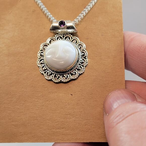 Vintage Silver Necklace with Moon Face Pendant Mother of Pearl and Purple Gem - Picture 5 of 10
